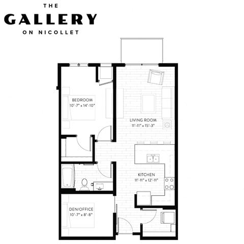 Floor plan for 1 bed, 1 bath, 855 sqft